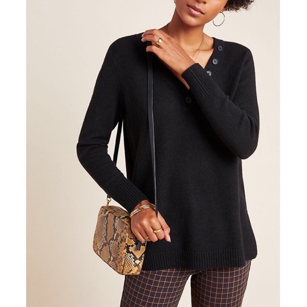 Anthropologie Black V-Neck Oversized Sweater With Button Detail Size XS
